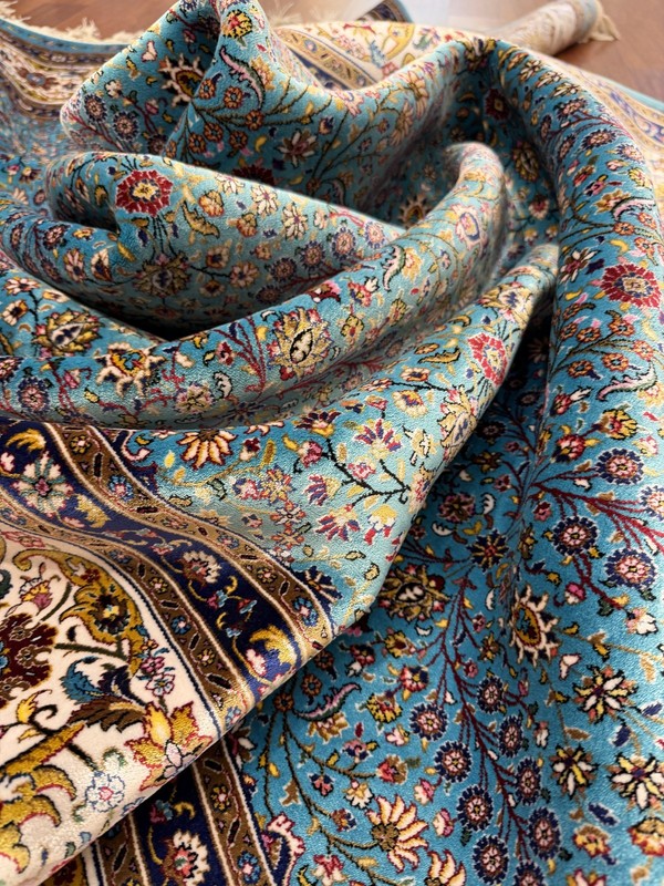 Turkish Silk Rug 7x10 ft Blue Oriental Floral 100% Silk Handmade Fringe gallery