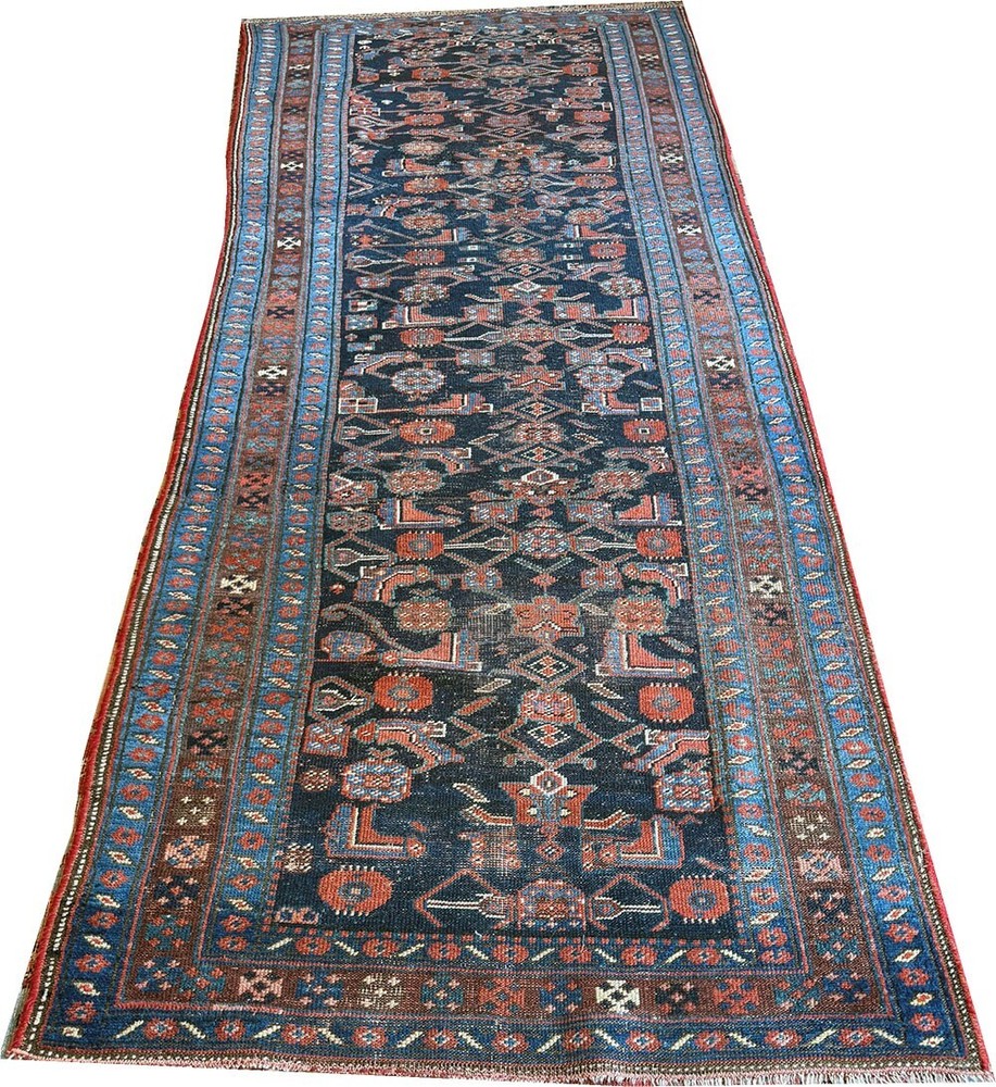 An Antique Tribal 4' x 10' Worn Out Kurd Bidjar Rug