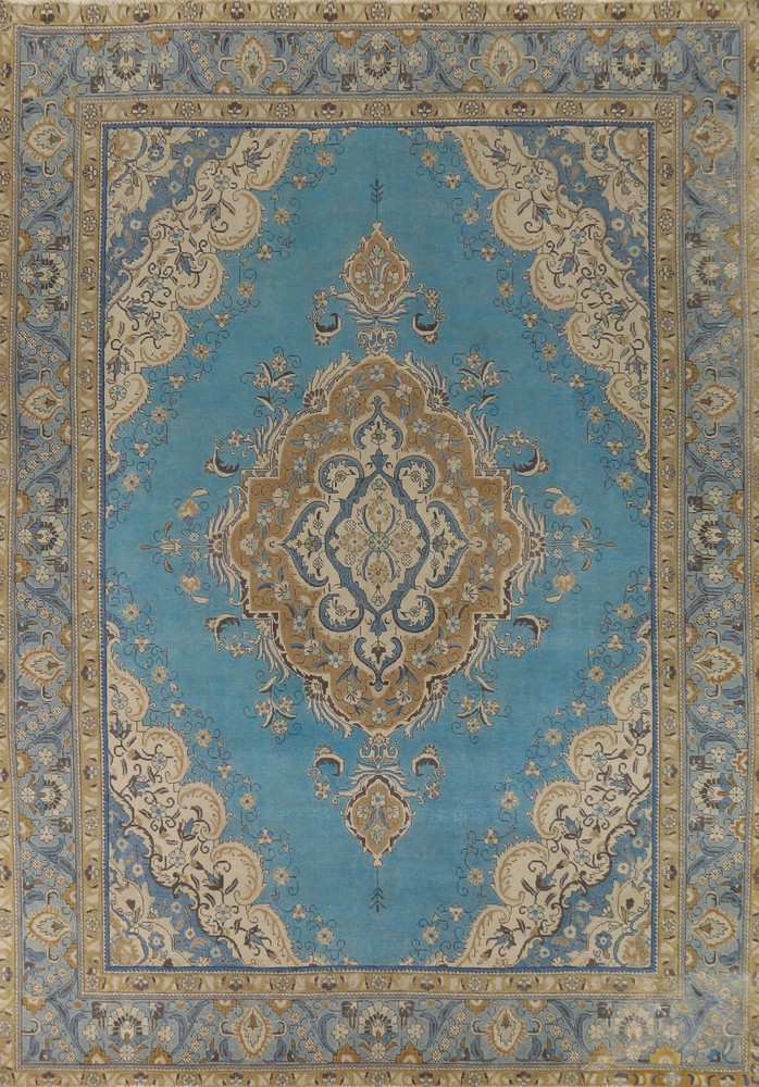 Over-Dyed Blue Medallion Wool Tebriz Living Room Area Rug 10x13 Handmade Carpet