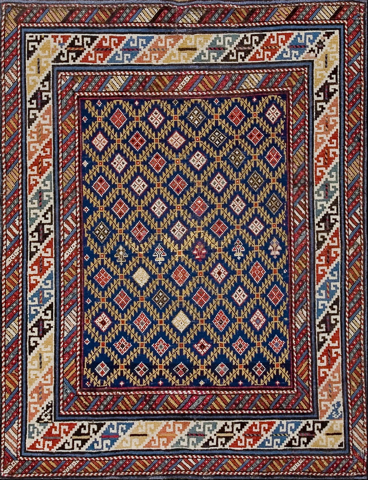 3'x4' Late 19th Century Antique Blue Square Tribal Geometric Caucasian Shirvan gallery