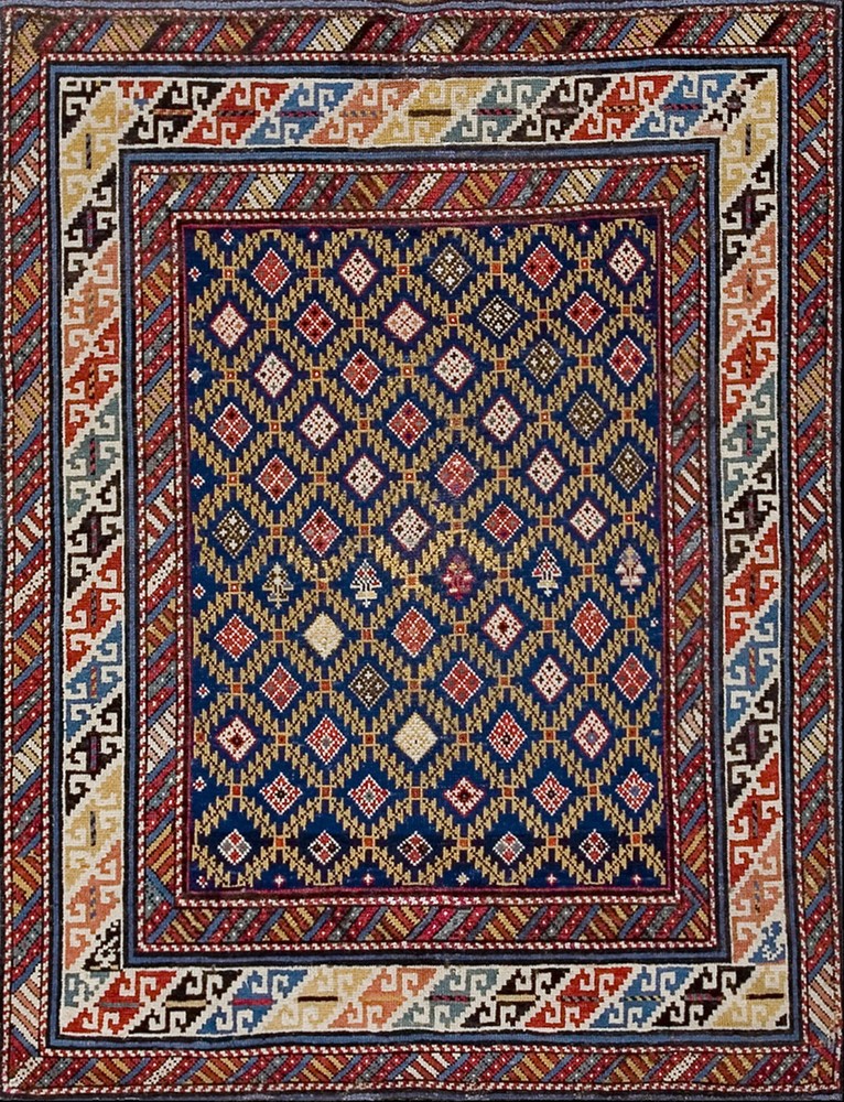 3'x4' Late 19th Century Antique Blue Square Tribal Geometric Caucasian Shirvan