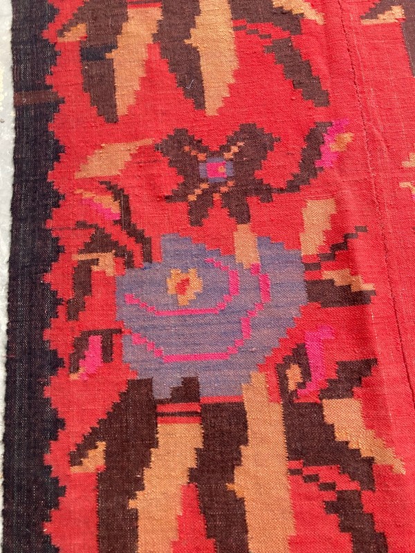 Vintage Handmade Turkish Floral Folk Art Traditional Wool Kilim Rug 317x113 cm gallery
