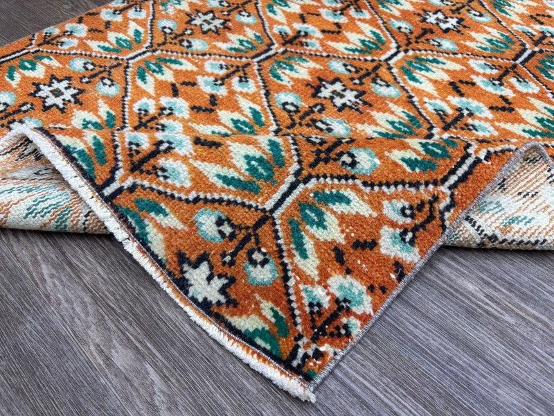3x6 Vintage Turkish Runner, Hand-Knotted Wool Rust & Emerald Green Hallway Rug gallery