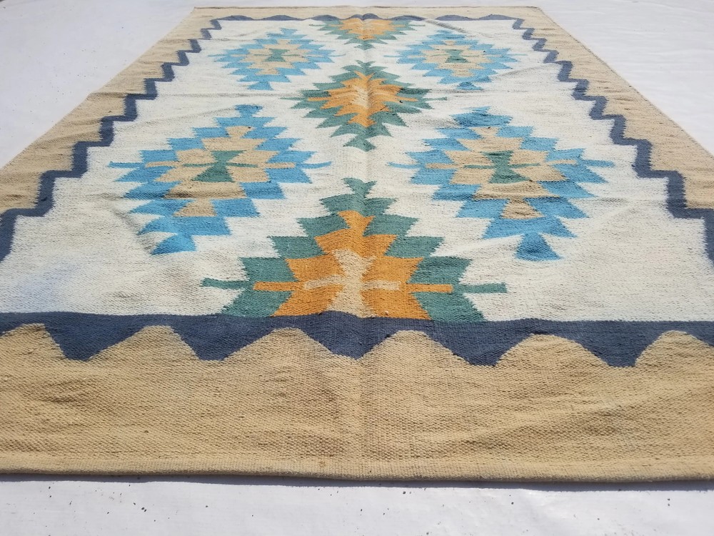 Distressed Vintage Handmade Traditional Geometric Multicolor Kilim Rug 6.8x4.3ft