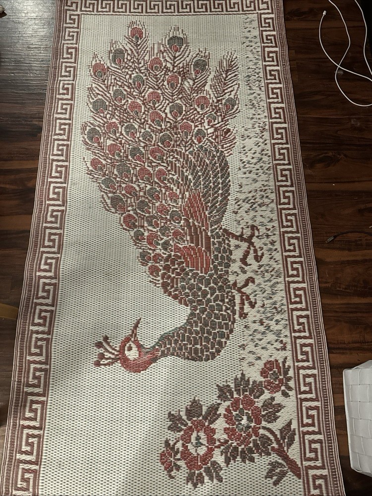 Vintage Reversible Woven Plastic Peacock Mat Rug Tapestry
