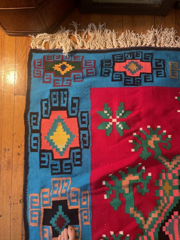 Vintage handwoven flat weave wool Tunisian art tapestry Kilim 14’x6’6” colorful gallery