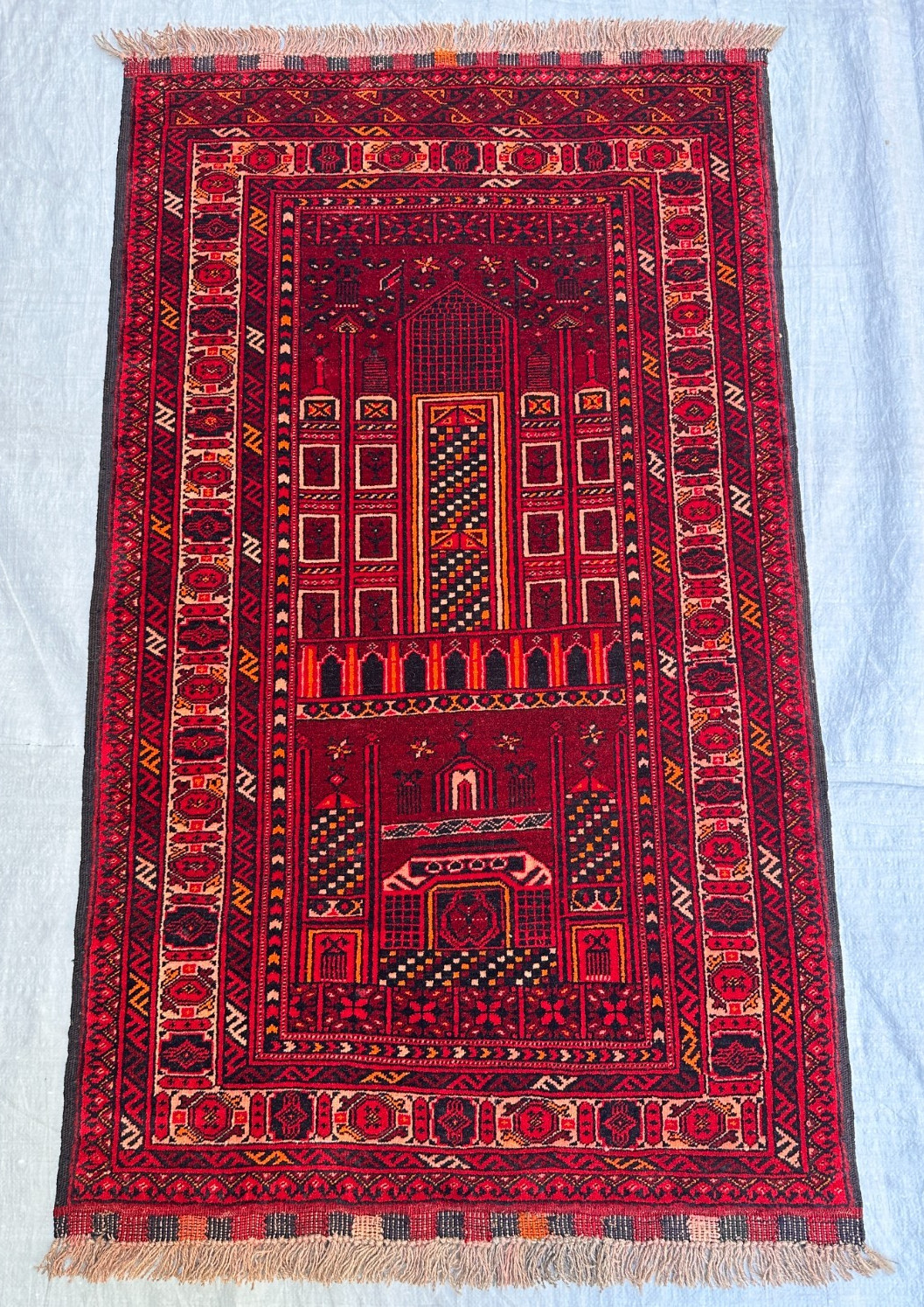 Vintage Afghan Turkmen Kizil Ayak Prayer Rug Mosque Hand Knotted Wool 2.7x4.6 gallery