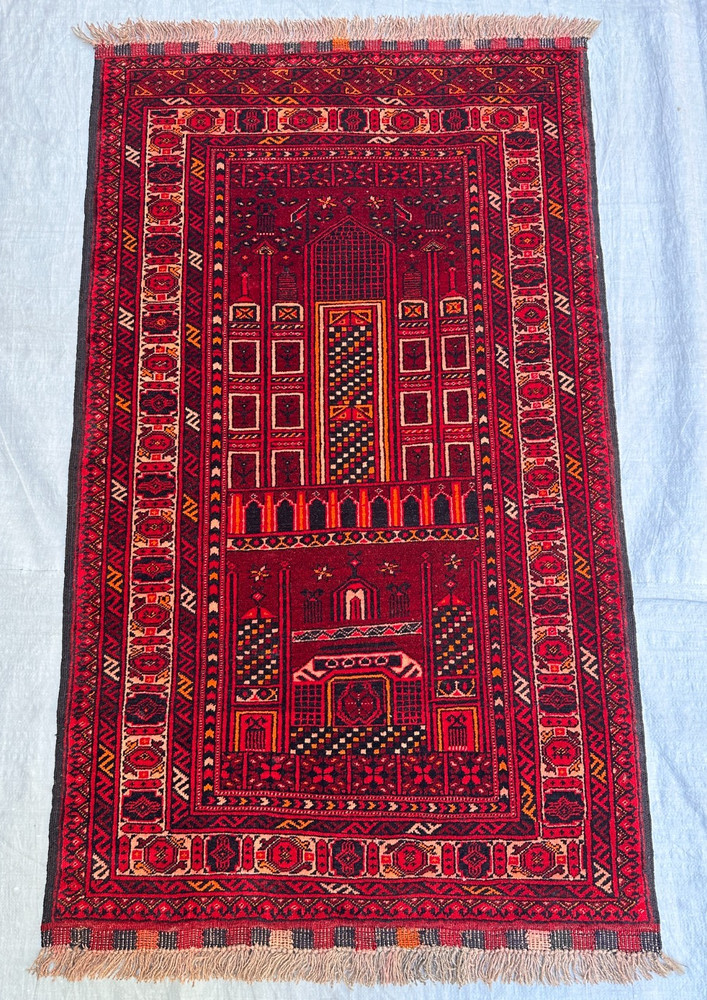 Vintage Afghan Turkmen Kizil Ayak Prayer Rug Mosque Hand Knotted Wool 2.7x4.6