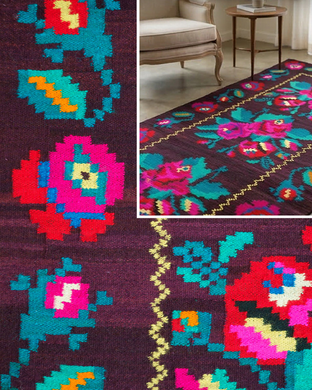 Romanian Bessarabian Floral Runner Rug Handwoven Wool Pink Roses 1970s 13x4ft gallery