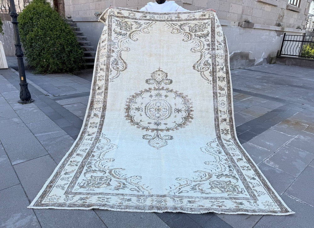 Oversized Vintage Turkish Oushak Rug 6x9.5 ft Muted Ivory Beige Wool Area Rug