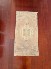 Vintage Oushak 2×3 Rug Muted Peach Pink Cream Teal Hand Knotted Turkish Wool Mat