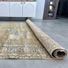 7×9 Antique Faded Turkish Rug, Oushak Area, Handmade Wool Area Rug, Beige Ecru