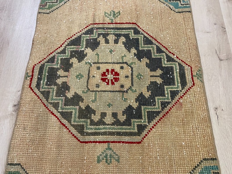 Vintage Turkish Handmade Wool Tribal Runner Rug Beige Anatolian Carpet 1.9x3.3ft gallery