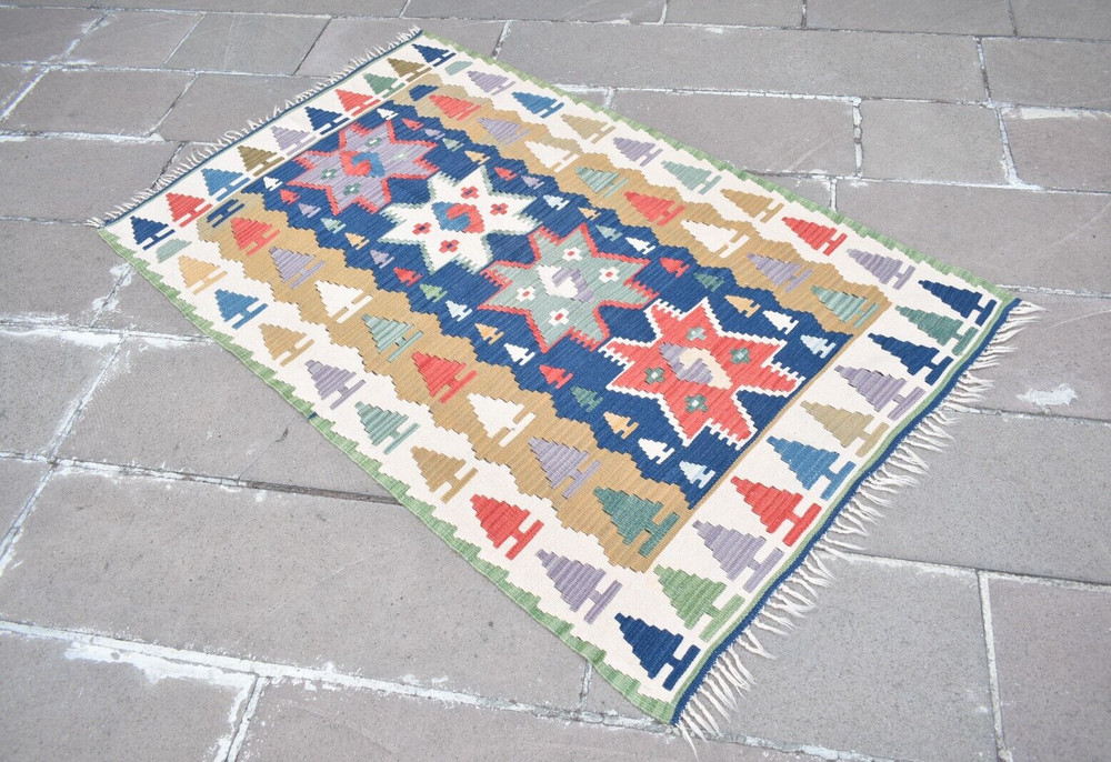 Turkish Rug 41'' x 67'' Vintage Flat Woven Kayseri Kilim Home Decor Wool Rug