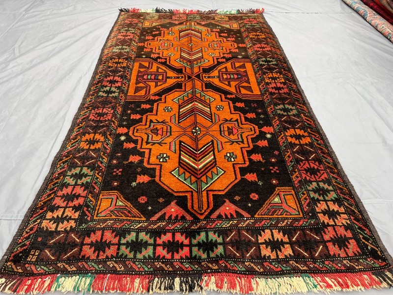 3'8x6'6 ft Vintage Afghan Baluchi Hand-Knotted Rug, Geometric Orange-Black Rug gallery