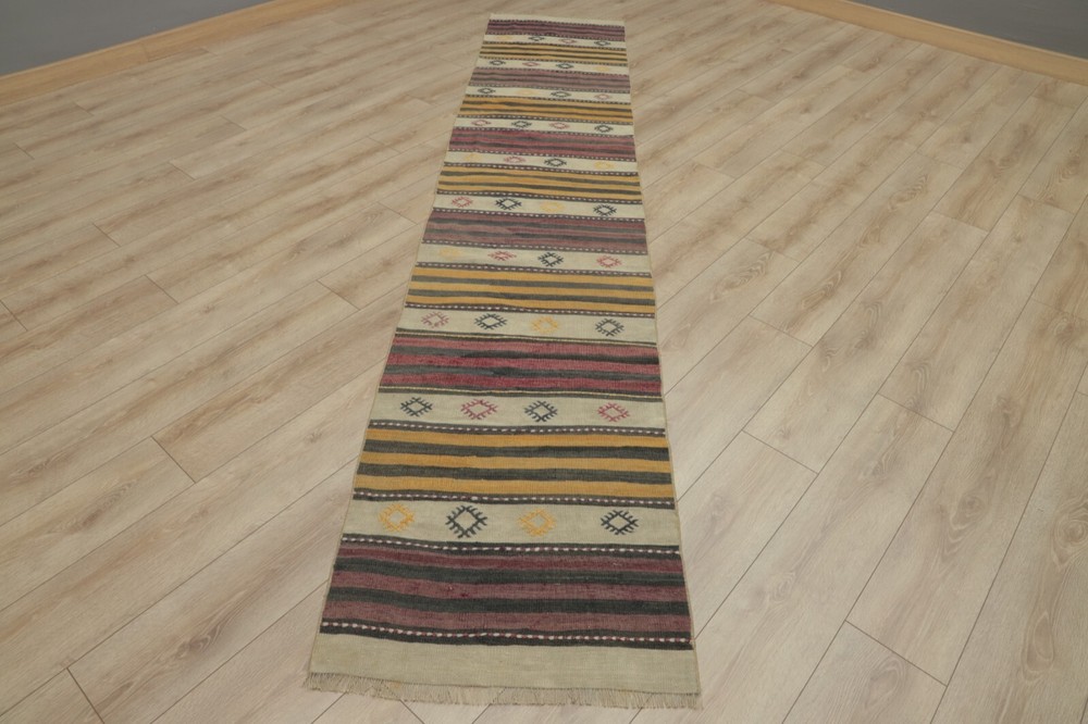 Cappadocia Ethnic Kilim Runner Rug Tribal Hand Knotted Striped Carpet 2x11ft