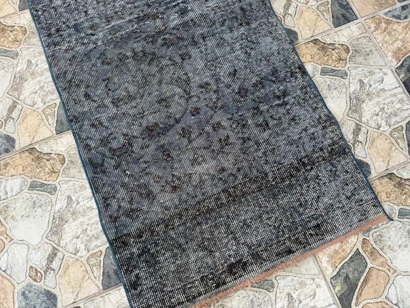 1970s Vintage Turkish Overdyed Runner Rug 2.3x9.8 ft Charcoal Gray Hand-Knotted gallery