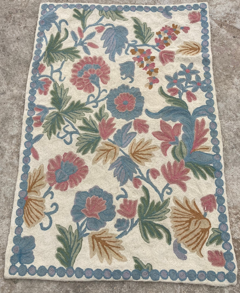 Vintage Handmade Kashmiri Crewel Floral Wool Chain Stitch Rug 89x59 cm