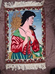 Middle Eastern Wall Hanging Rug Wool 22″Wx33″L Handwoven Woman Wheat Basket
