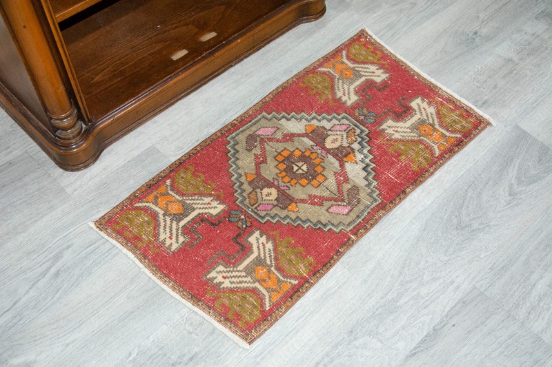 Vintage Turkish Oushak Rug 19x36 Inches, Red Colorful Geometrical Modern Rug gallery