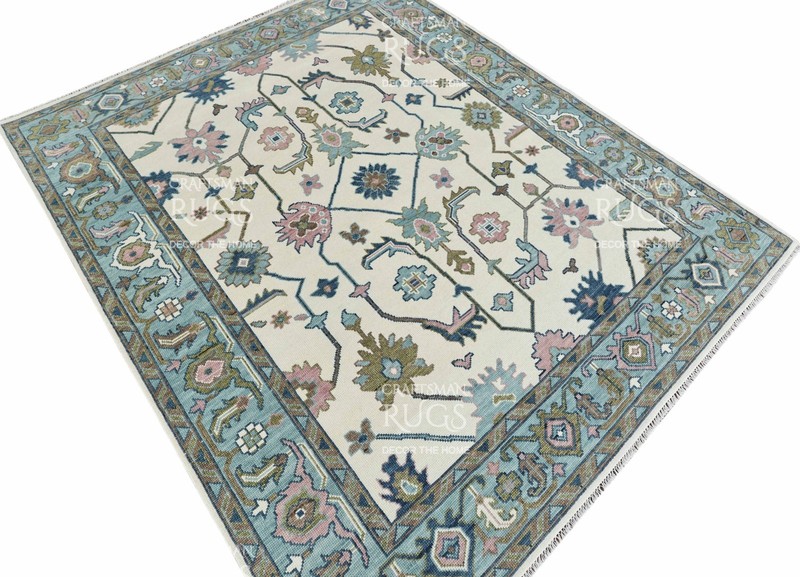 Oushak-Style Floral Geometric Rug – Blue & Pink Accents 8x10 ft gallery