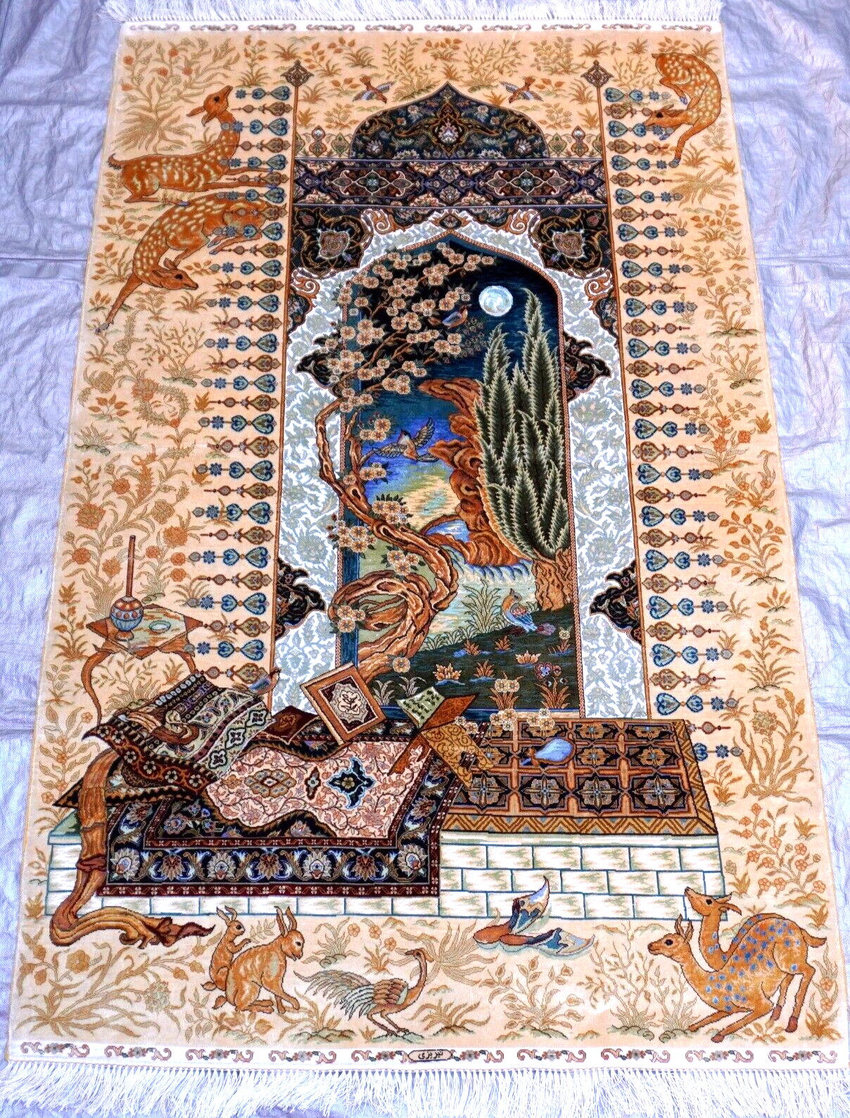 Stunning 100% Silk Hand Knotted Bird Rabbit Deer Flowers Book Prayer Rug 4'x6'7" gallery