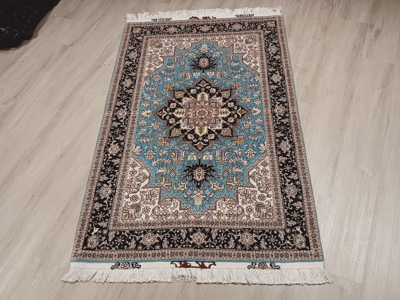 3x5 FINE TURQUOISE SIGNED UNIQUE TABRIZZ HANDMADE-KNOTTED WOOL/SILK RUG 586348 gallery