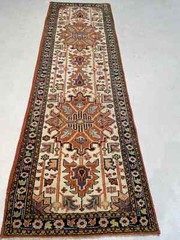 Antique Oriental Hand-Knotted Wool Runner Karajeh Ivory/Rust/Blue 2’5″ x 7’10”