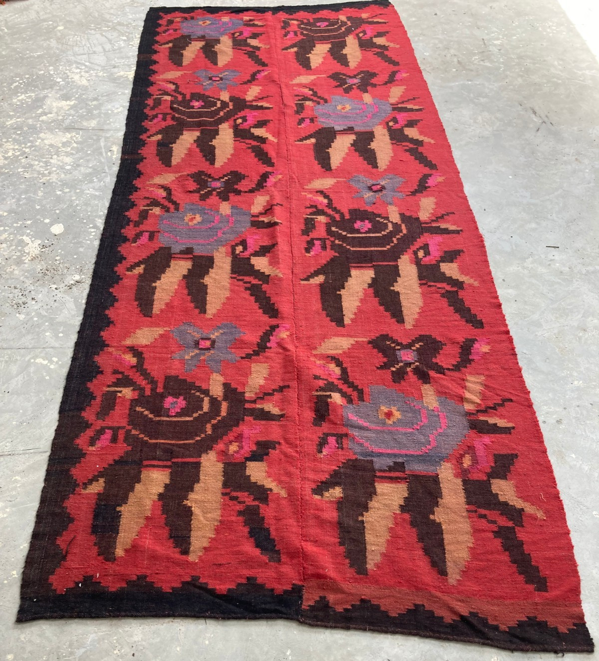 Vintage Handmade Turkish Floral Folk Art Traditional Wool Kilim Rug 317x113 cm gallery