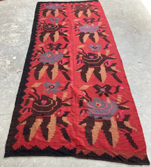 Vintage Handmade Turkish Floral Folk Art Traditional Wool Kilim Rug 317×113 cm
