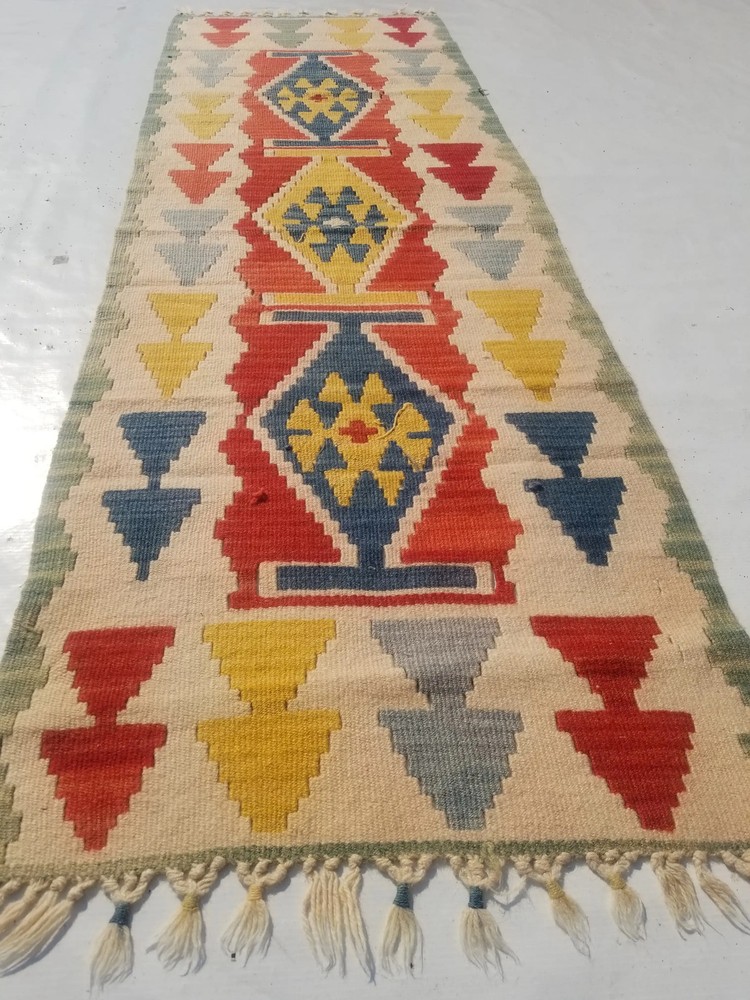 Distressed Vintage Traditional Handmade Turkish Wool Kilim Rug 5.8x1.11ft