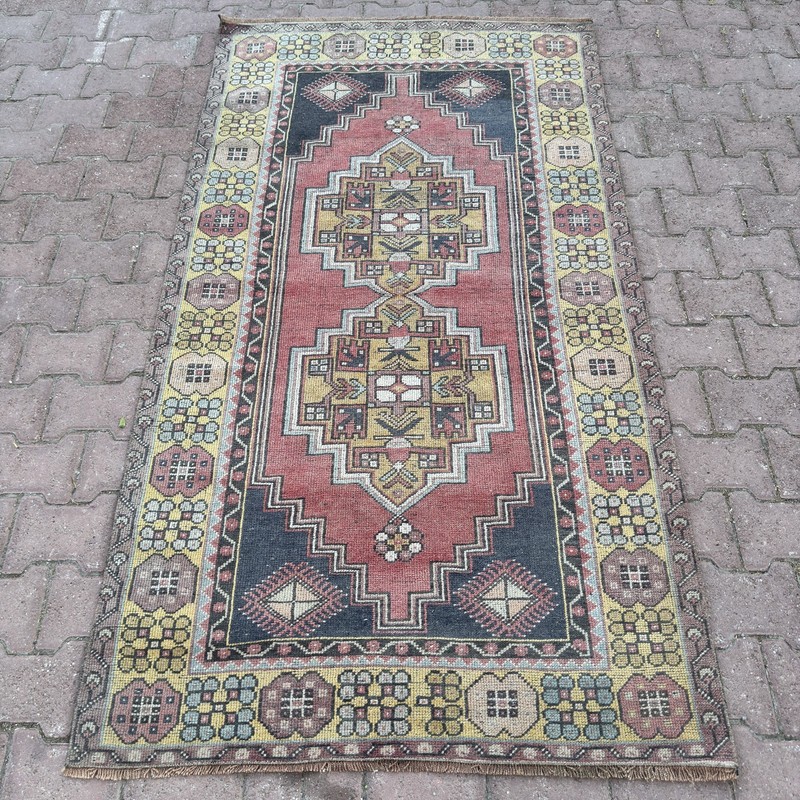 4x7 ft Brick Red Black Wool Vintage Turkish Geometric Oushak Kilim - Tariff Free gallery
