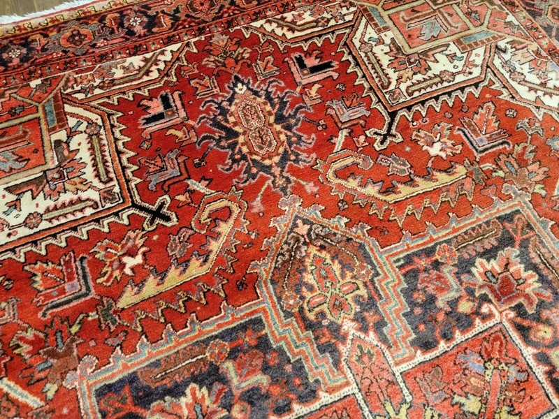 8z12ft ANTIQUE HAND KNOTTED VEGETABLE DYE HERIZE RUG CIRCA 1950S RED GEOMETRIC gallery
