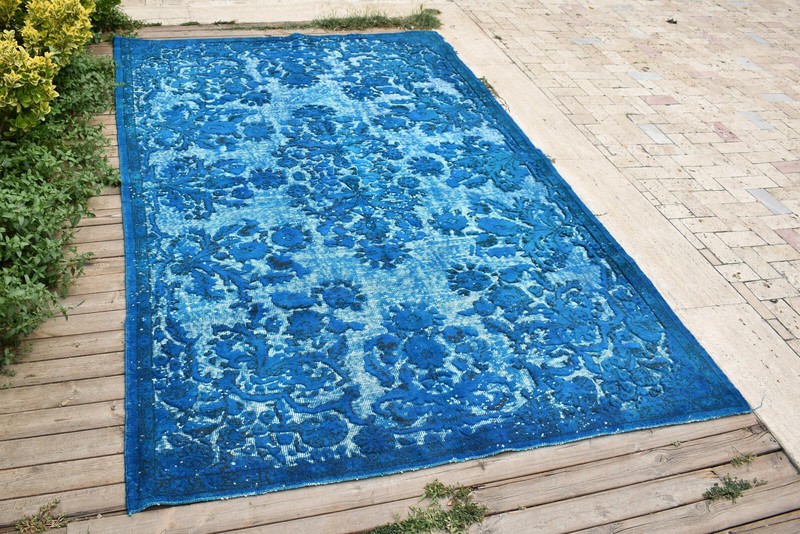 Turkish Rug 5x9 Handwoven Oushak Rug 178x286cm Overdyed Wool Embossed Blue Rug gallery