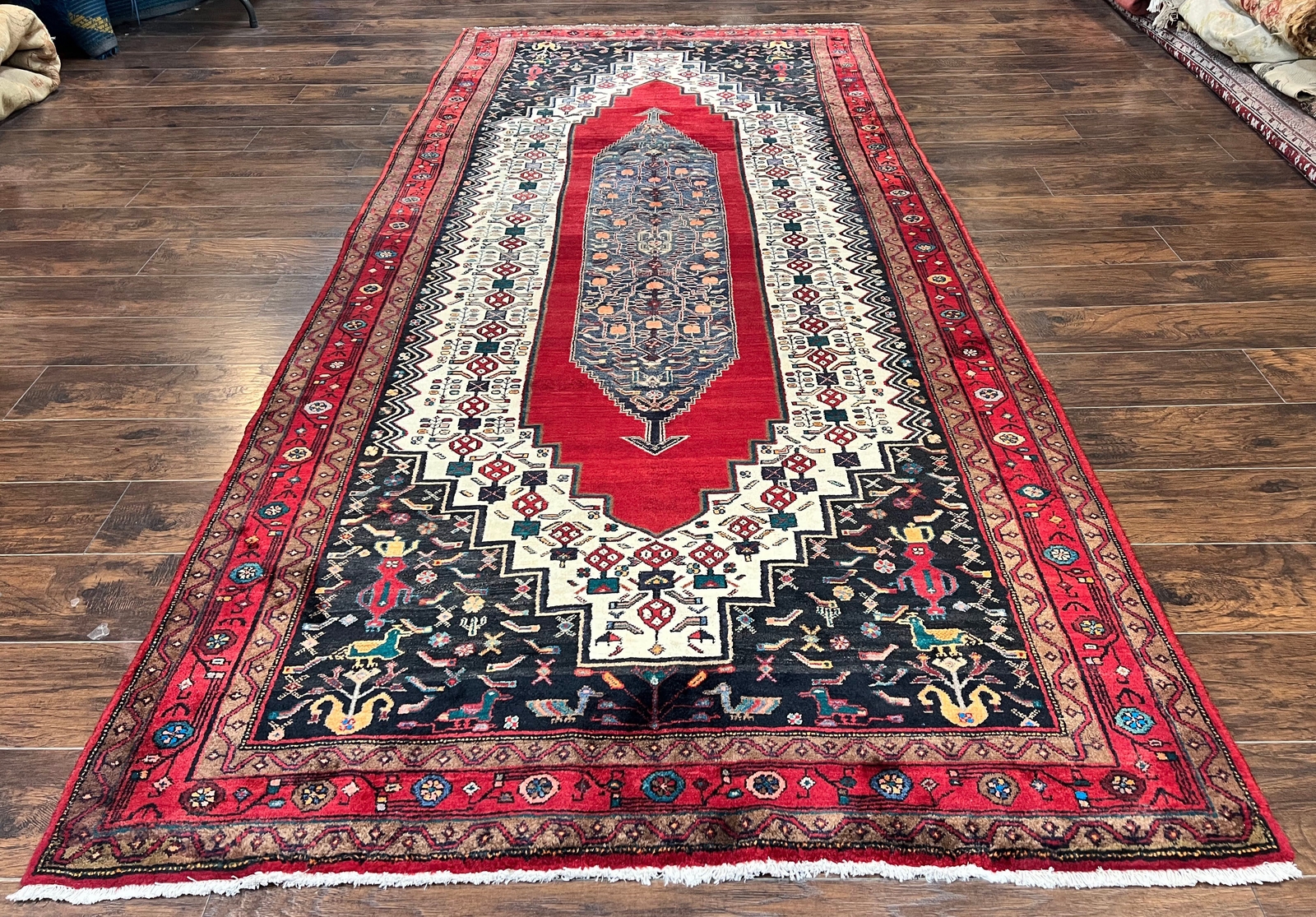 Vintage Rug 5x12 Tribal Carpet Red Cream Navy Pictorials Handmade Wide Runner gallery