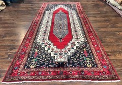 Vintage Rug 5×12 Tribal Carpet Red Cream Navy Pictorials Handmade Wide Runner