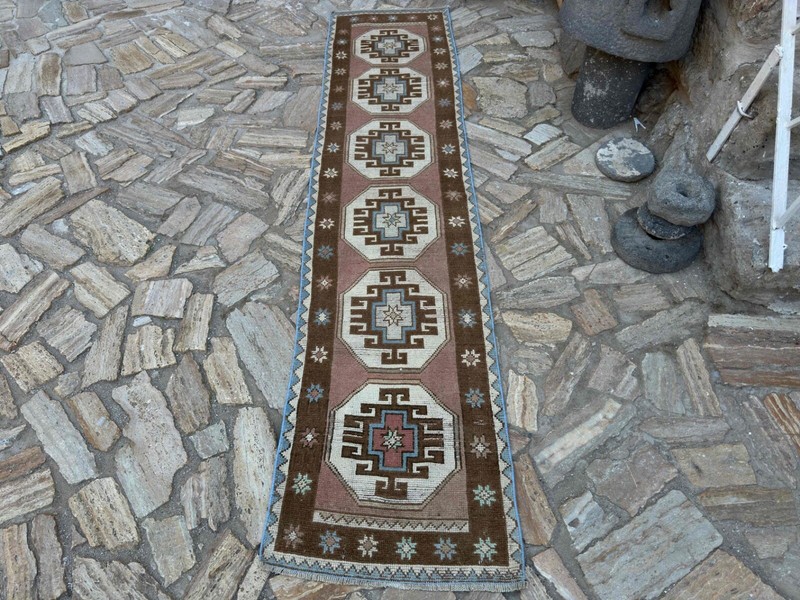 Hand-Woven Turkish Runner Rug 2x9 Blue Wool Geometric Hallway Carpet for Home gallery