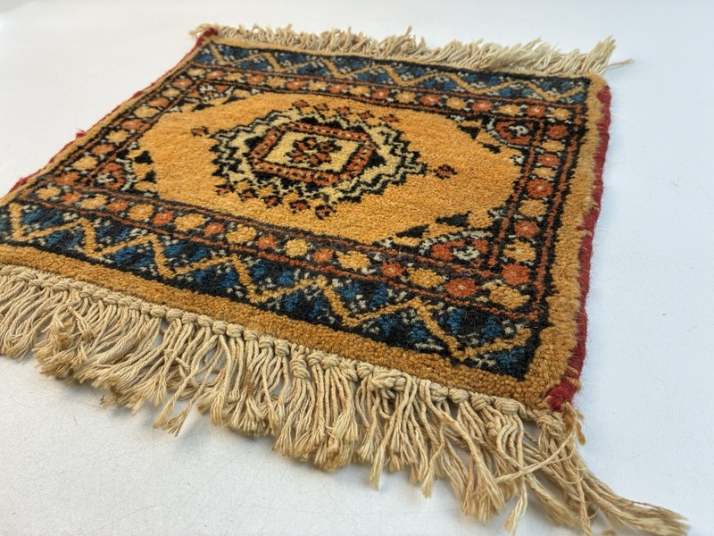 Vintage Hand-Knotted Wool Turkish Mini Rug w/ Geometric Patterns 11.5" x 13" gallery
