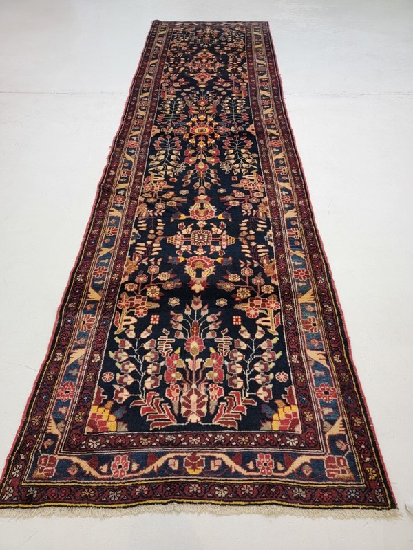 Antique Oriental Hand-Knotted Wool Runner Navy Blue/Red/Ivory/Green 3'6" x 13'3" gallery