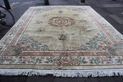 Vintage Hand Made Art Deco Chinese Oriental Beige Wool Large Carpet 373x273cm