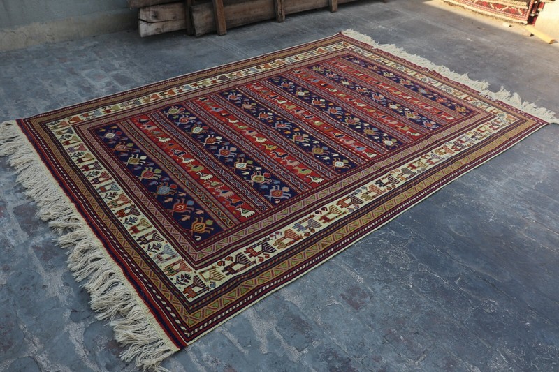 Afghan Hand Woven Tribal Sumak Pictorial Kilim Rug 9'5 x 6'6 Ft gallery