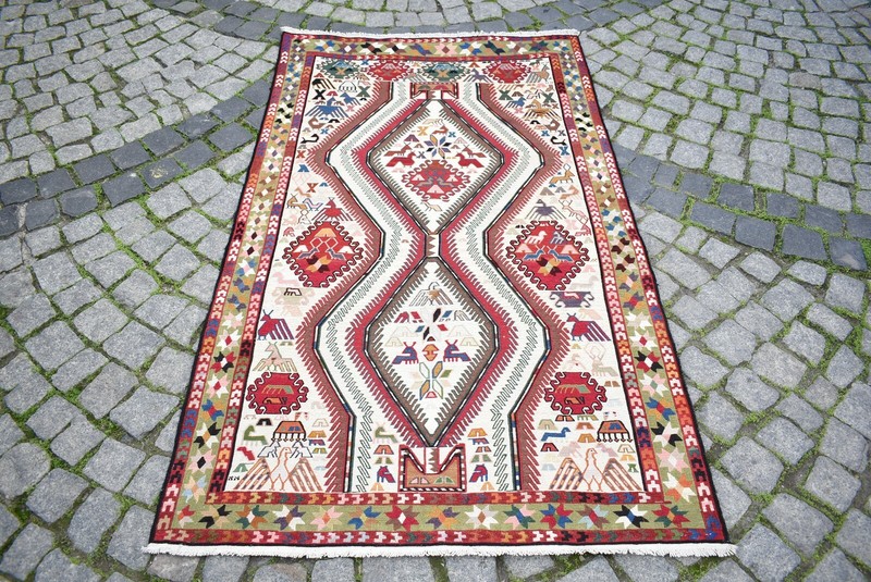 Caucasian Sumak Kilim Rug 42'' x 71'' Awesome Animal Figure Shahsavan Kilim Rug gallery
