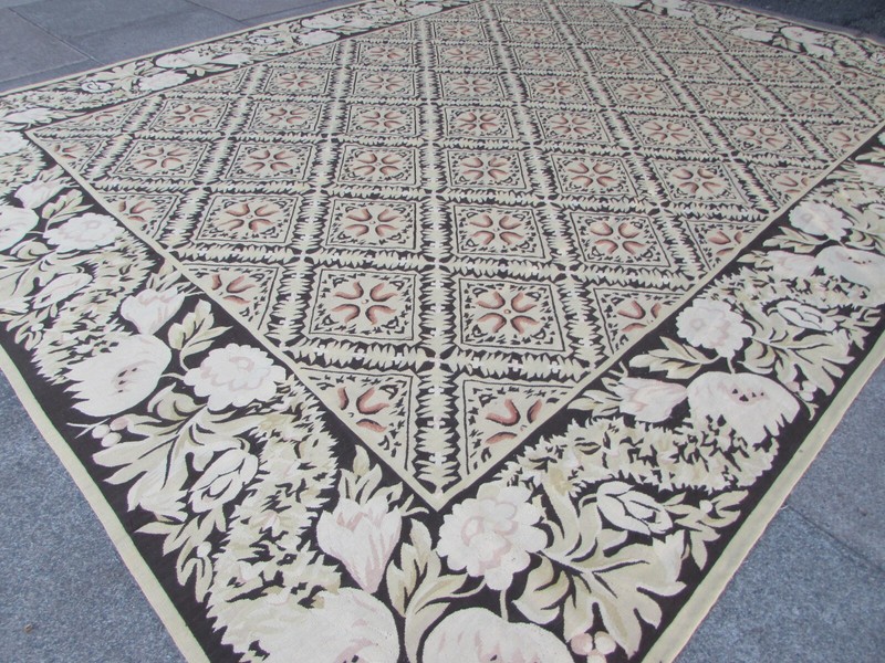 Vintage Hand Made French Design Wool Black Beige Original Aubusson 308X239cm gallery