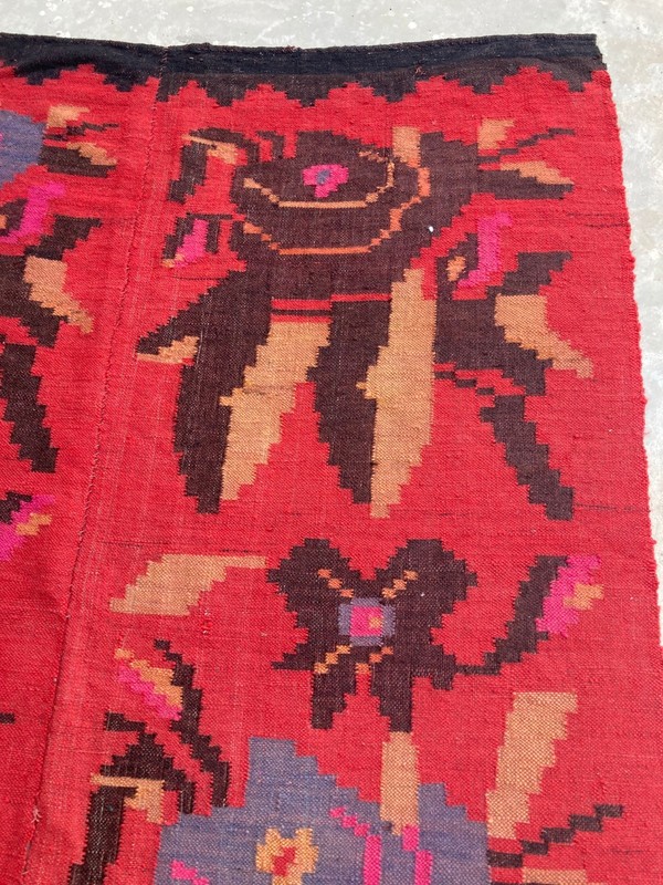 Vintage Handmade Turkish Floral Folk Art Traditional Wool Kilim Rug 317x113 cm gallery