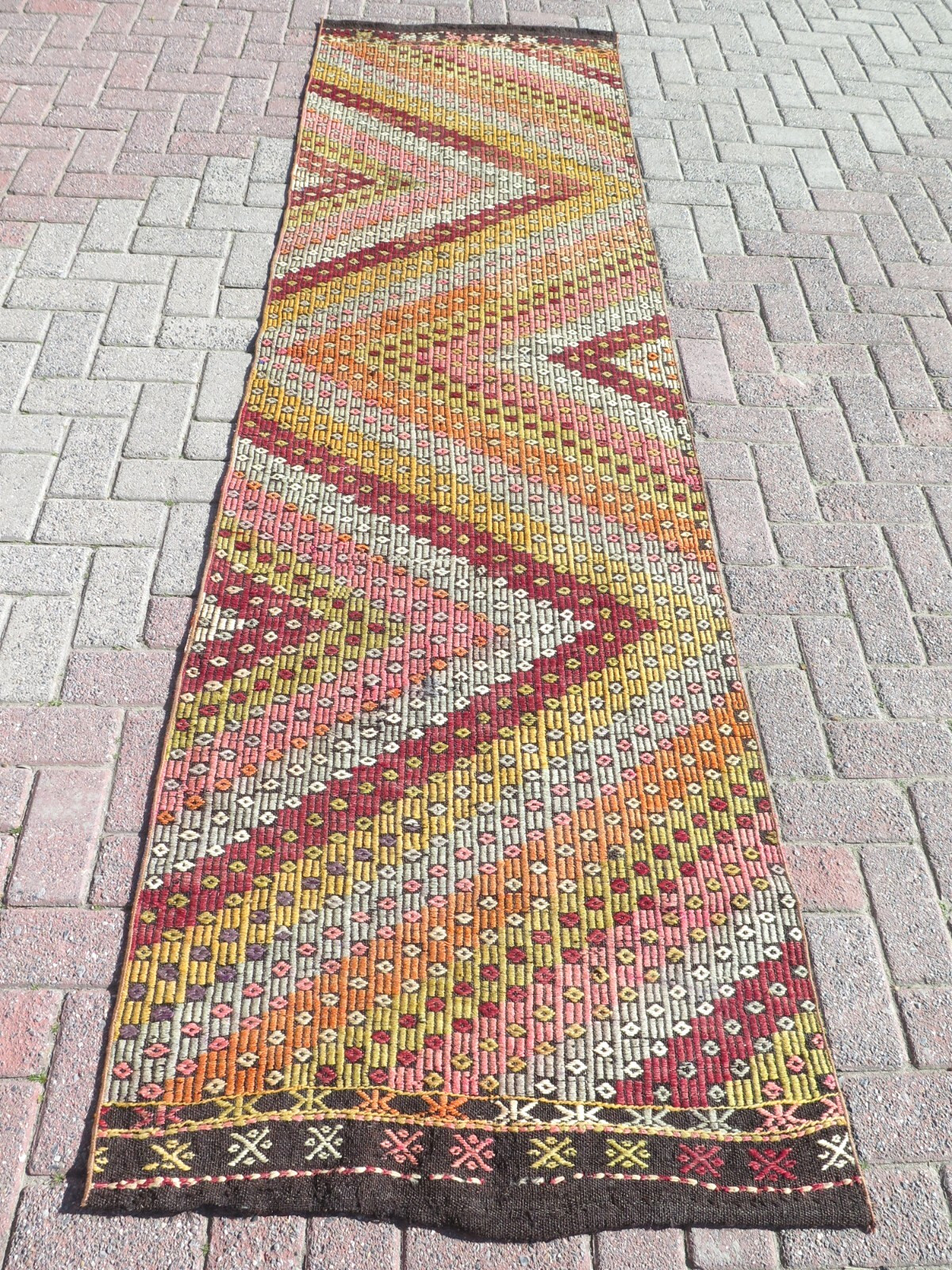 Turkish Handmade Kilim Runner Rug, Colorfull Stairs Rug, Hallway Kelim 33"X114" gallery