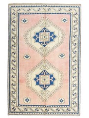 Turkish Oushak Wool Rug 4.2×6.5 ft – Faded Blush & Indigo – Japandi Entry Decor