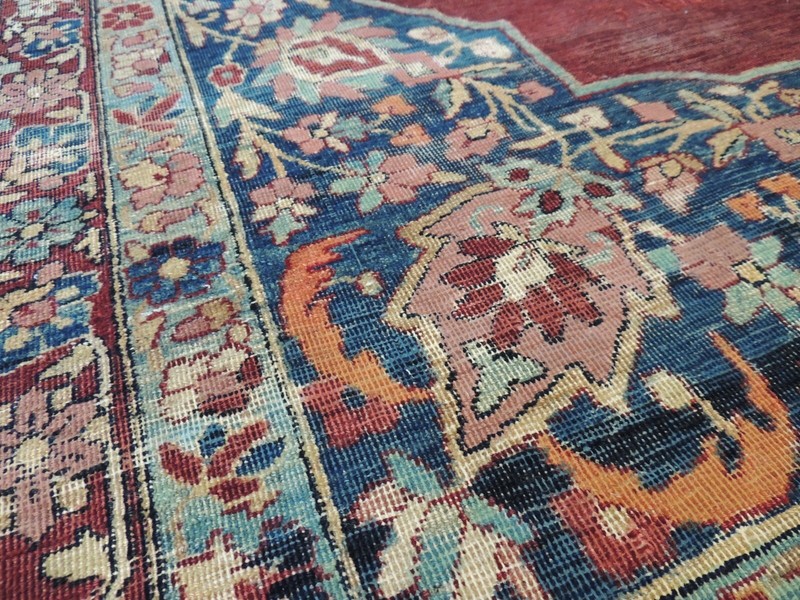 8x12, 9x12 Antique Kermaan wool Oriental Rug Rust Salmon Navy Blue/Green Worn gallery