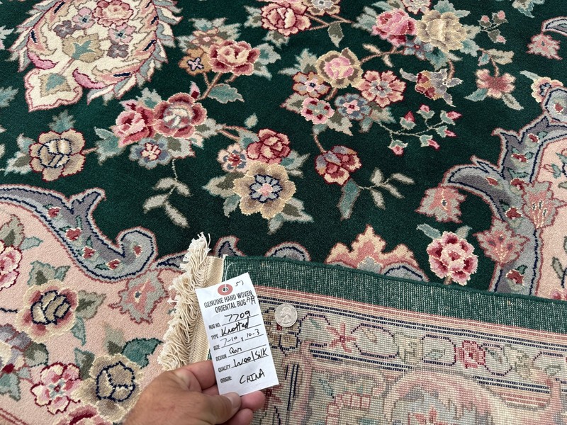 8x10 GREEN CHINESE VINTAGE RUG oriental pink big handmade antique fine wool silk gallery