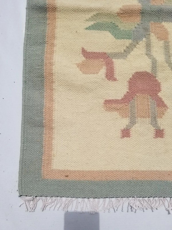 Vintage Handmade Traditional Geometric Beige Cyan Kilim Rug Carpet 2.6x1.8ft gallery
