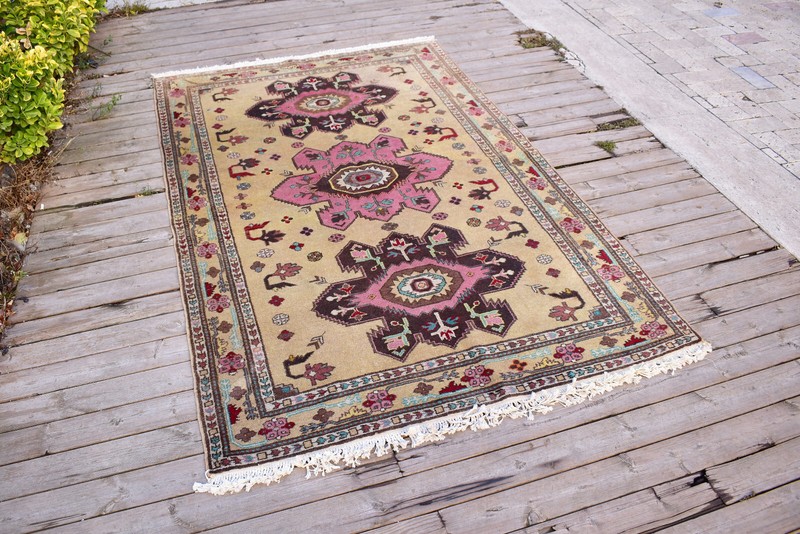 Caucasian Rug 4x6 Size Hand-knotted Vintage Primitive Yellow Carpet 126x188cm gallery